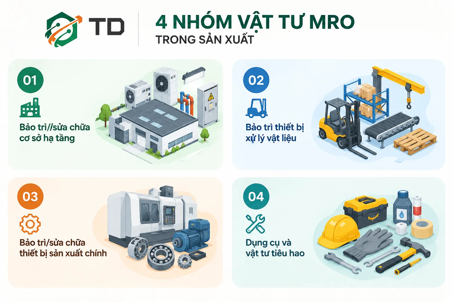 phân loại 4 nhóm vật tư MRO trong sản xuất