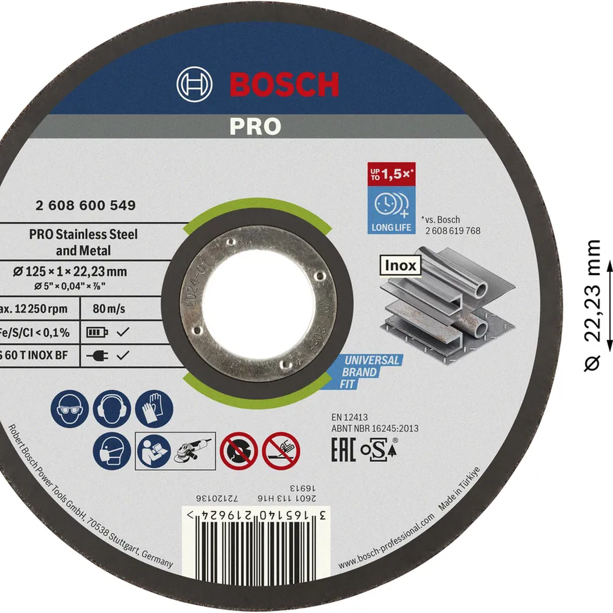 Hình minh họa cấu tạo và chi tiết Đá cắt Bosch 125x1x22.2mm (Inox) 2608600549